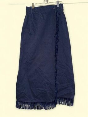 Vintage 70s Navy Fringe Wrap Midi Skirt
